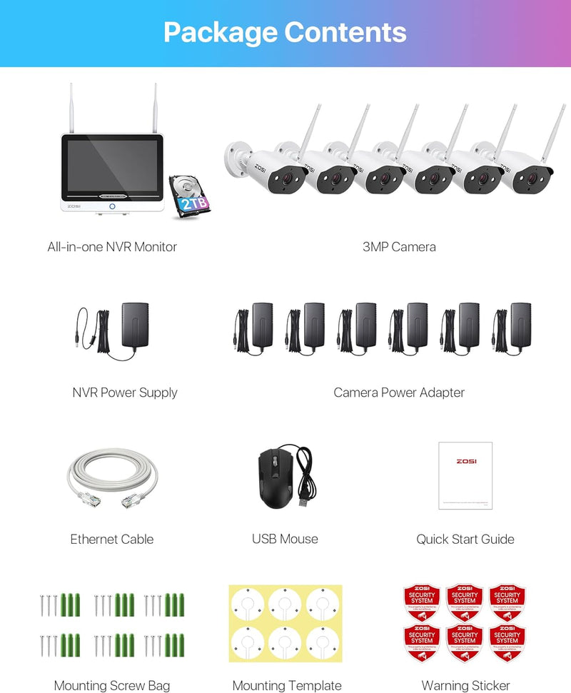 ZOSI 3MP Aussen WLAN Überwachungskamera Set mit Monitor, 6X 3MP WiFi Kamera mit 12.5 Zoll NVR Bildsc