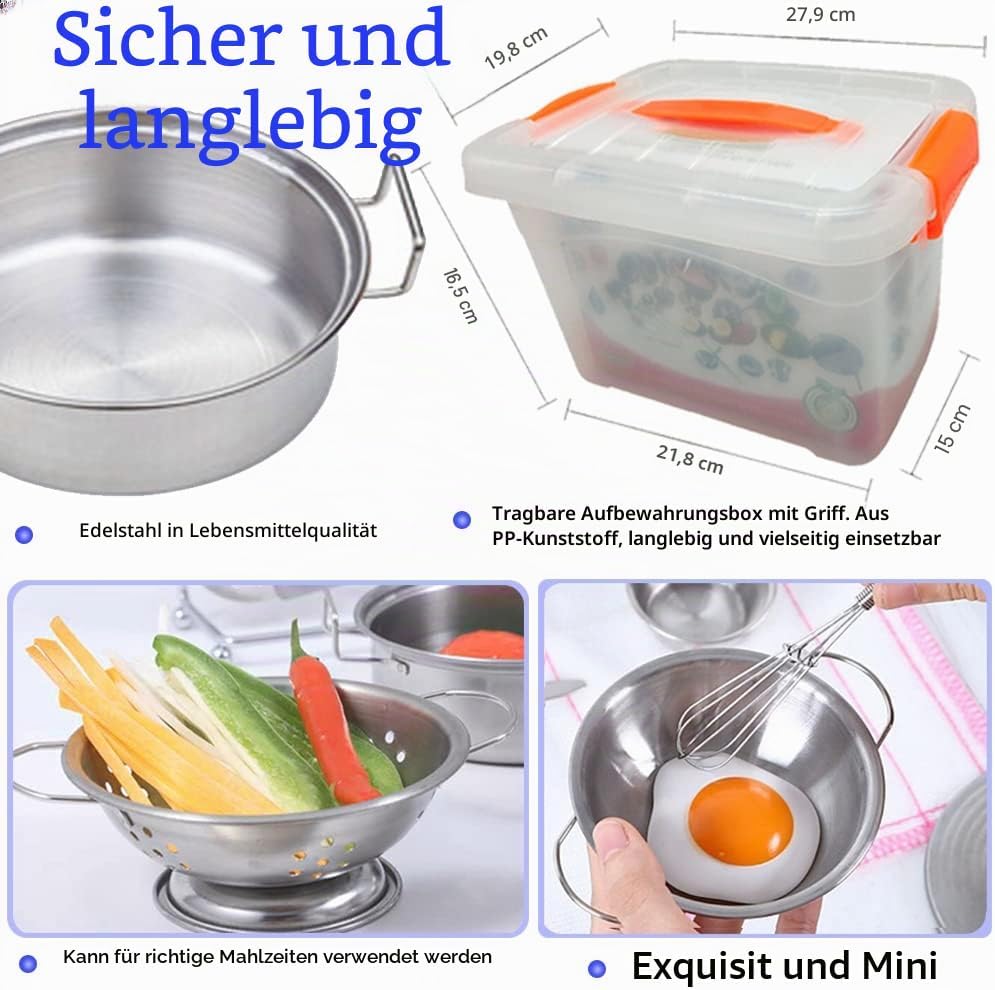Kinder Spielen Küche Zubehör mit Töpfen und Pfannen Playset, Mini-Edelstahl-Küche vorgeben Spielen S