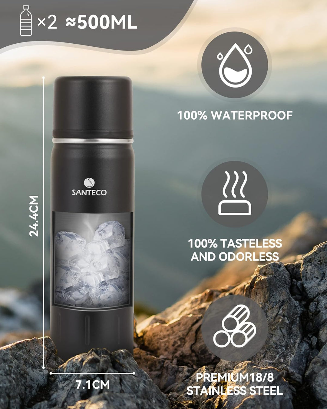 SANTECO Thermoskanne Thermosflasche Edelstahl 1l, 500ml, Auslaufsicher Isolierflasche mit Trinkbeche