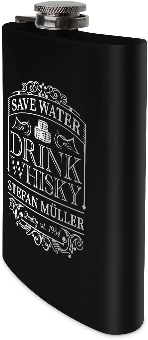 Flachmann Edelstahl Schwarz Matt 237 ml 8 oz individuelle Gravur in Silber - Save Water Drink Whisky