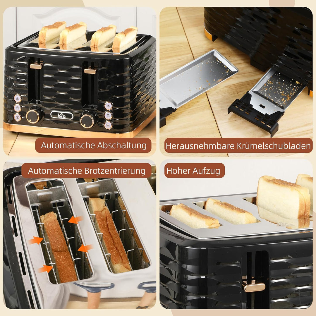 HOMCOM Toaster 4 Scheiben 4 Schlitze mit 7 Bräunungsstufen, Abschaltautomatik, Krümelschublade Stahl