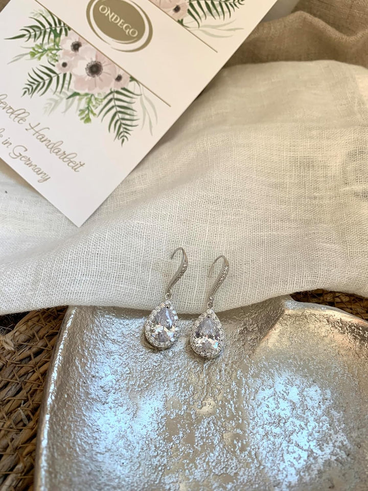 ONDEGO® Zirkonia SILBER Tropfen Strass Ohrringe Glitzer Ohrhänger Schmuck Creolen lang Geschenk XXL