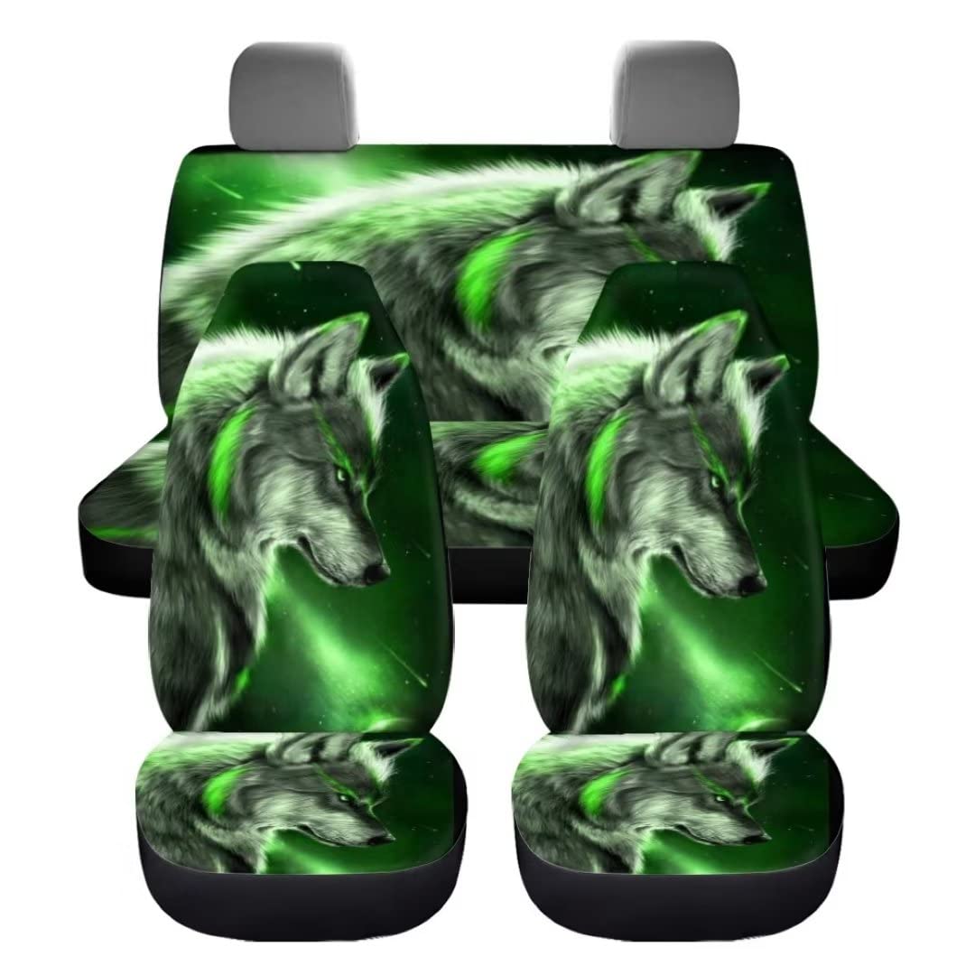chaqlin Galaxy Green Wolf Auto Sitzbezug Set,4 Pcs Universal Auto Vordersitzbezüge Tier Wolf Hinter