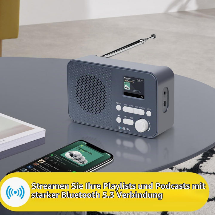 Tragbares DAB+-Radio mit Bluetooth | Wiederaufladbarer Akku mit 15 Stunden Spielzeit oder Netzbetrie