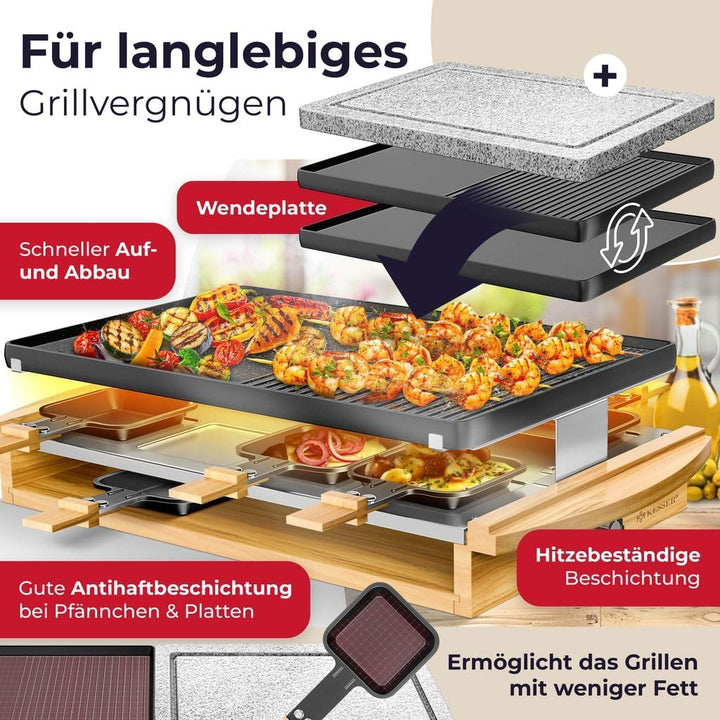 KESSER® Raclette-Grill mit Naturgrillstein, Grillplatte Tischgrill für 8 Personen, Elektrogrill Racl