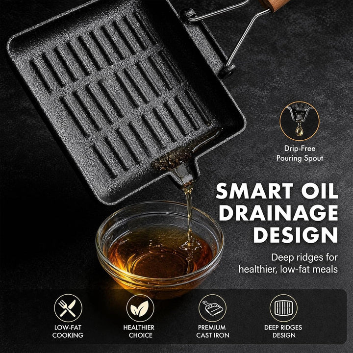 Steakpfanne Gusseisen,Grillpfanne mit Klappbarem Holzgriff Viereckige Grill Pan Induktion Für Alle H