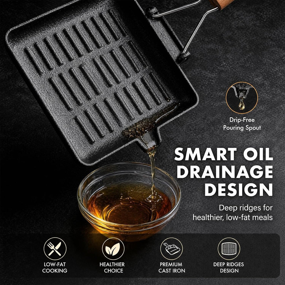 Steakpfanne Gusseisen,Grillpfanne mit Klappbarem Holzgriff Viereckige Grill Pan Induktion Für Alle H