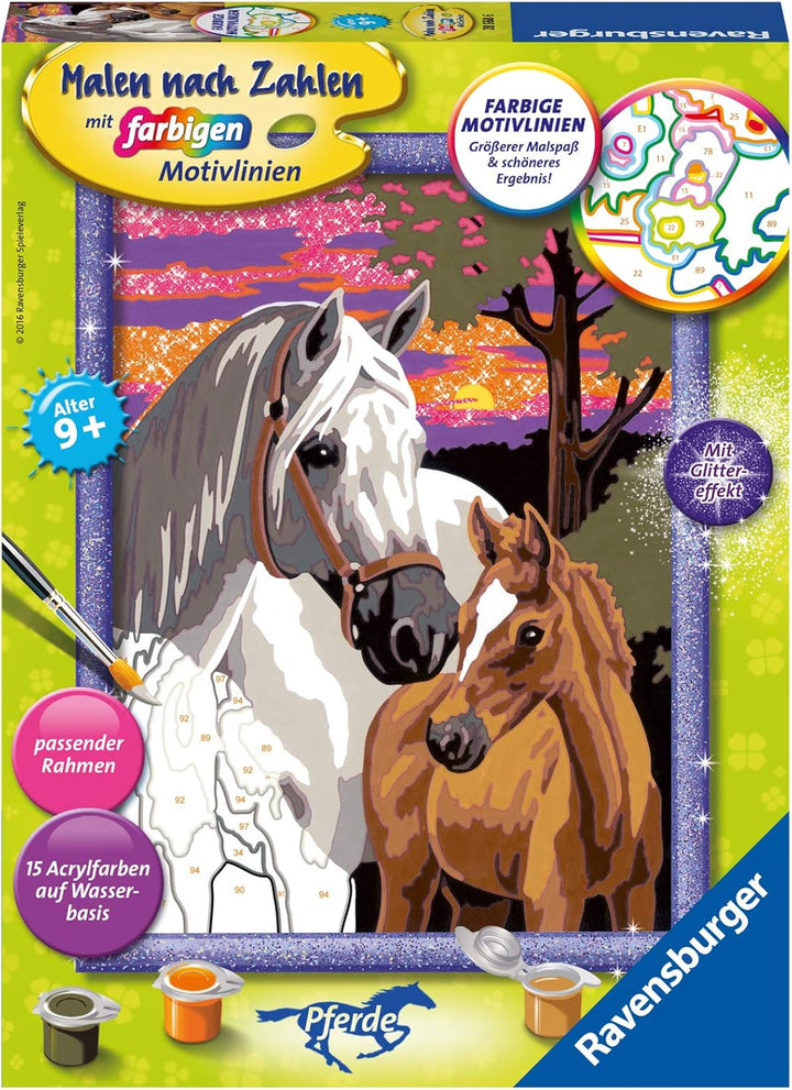 Ravensburger Malen nach Zahlen 28568 - Pferde im Sonnenuntergang & Malen nach Zahlen 28566 - Glückli
