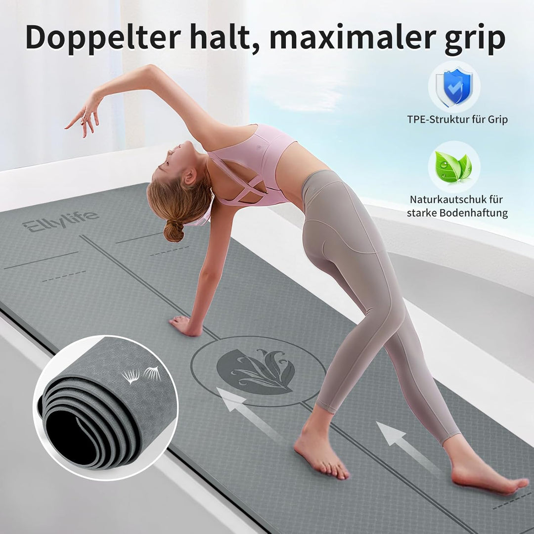 Yogamatte aus ECO Naturkautschuk & Hhautfreundlichem TPE, Extrem Rutschfest, Ausrichtungslinien, Ein