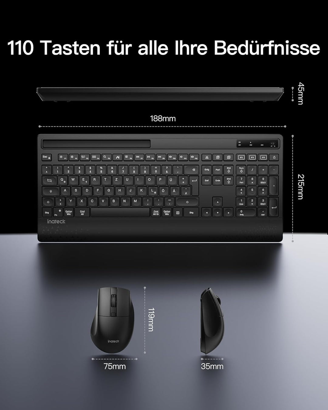 Inateck Tastatur Maus Set Kabellos,Funktastatur QWERTZ in voller Grösse,3 Bluetooth,mit Handballenau