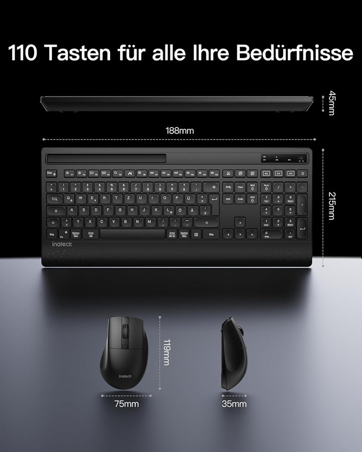 Inateck Tastatur Maus Set Kabellos,Funktastatur QWERTZ in voller Grösse,3 Bluetooth,mit Handballenau