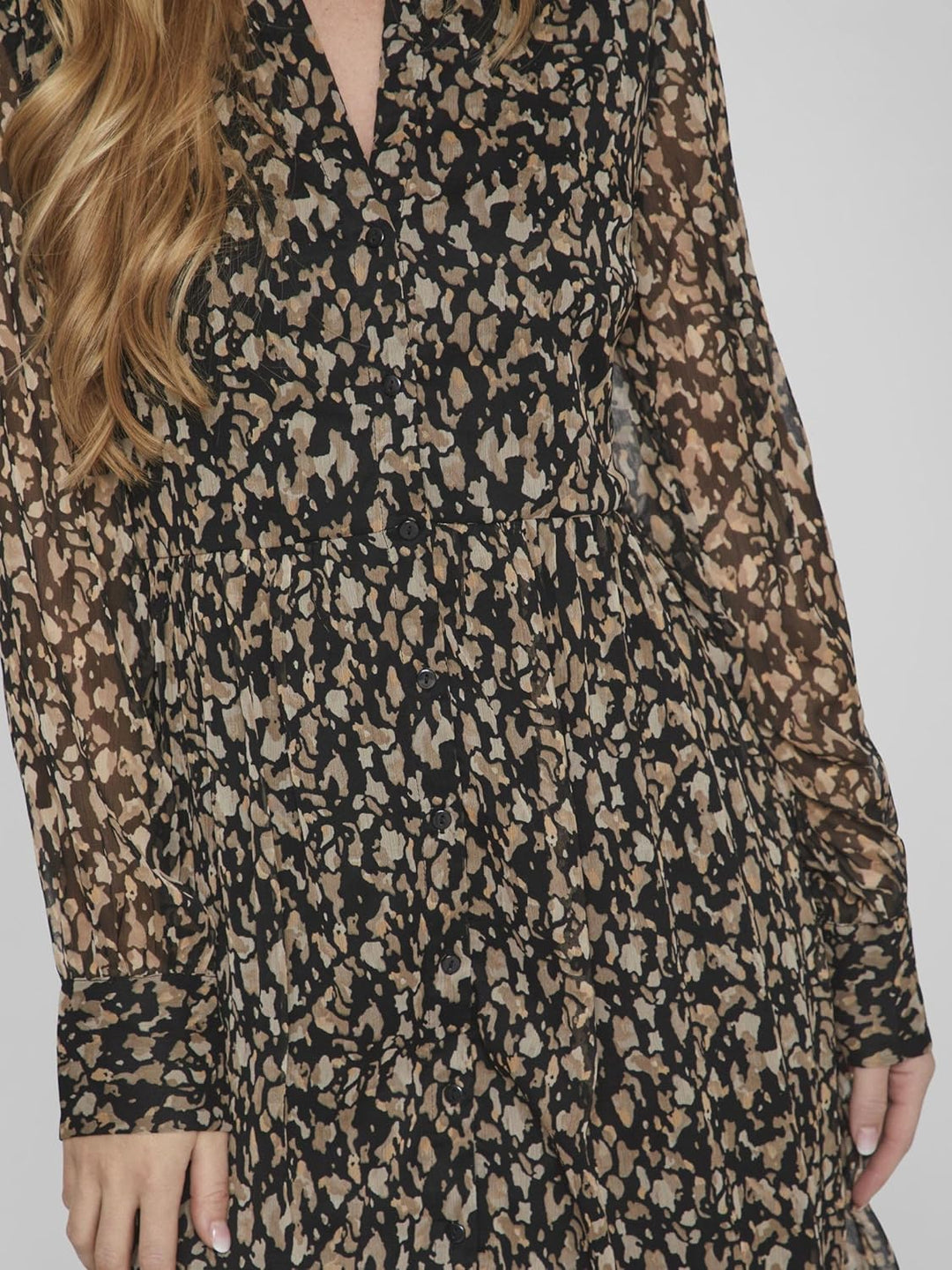 Vila Damen Vifalia V-Neck L/S Dress-Noos Blusenkleid 36 Black/Aop:hazel, 36 Black/Aop:hazel