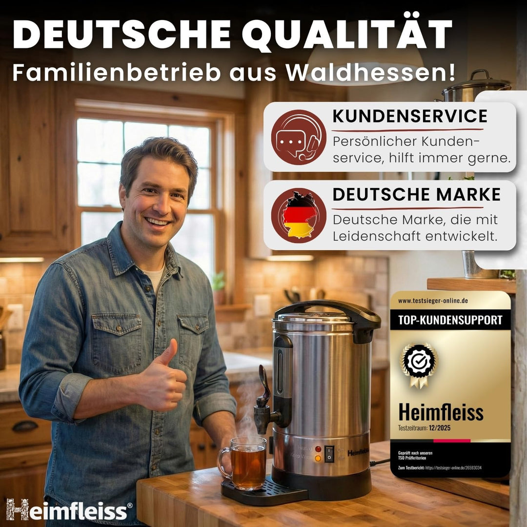Heimfleiss® Glühweinkocher 6,8L aus Edelstahl | 1500W Einkochautomat für Glühwein, Punsch & Wasser |