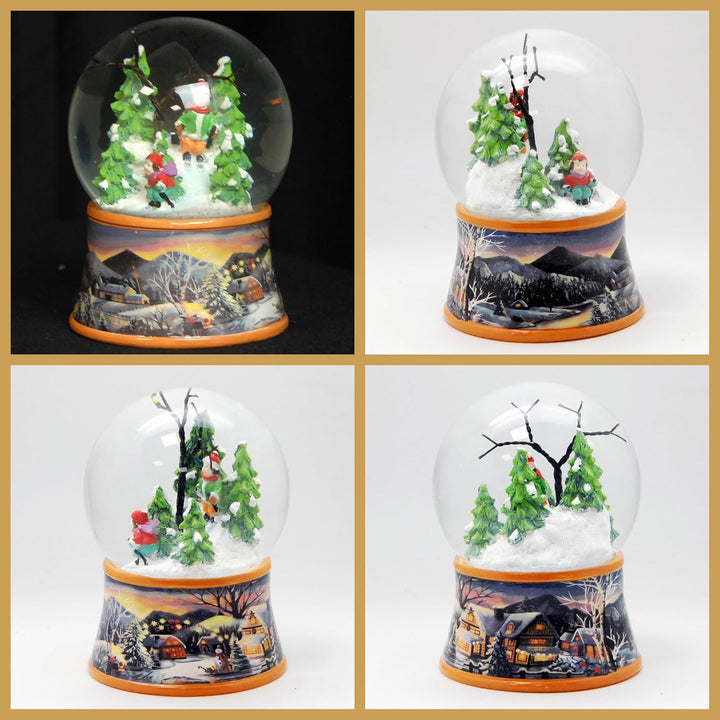 Schneekugel Weihnachten mit Musik | Nostalgische Skifahrer | Sockel Winterlandschaft Ocker| H: 14cm