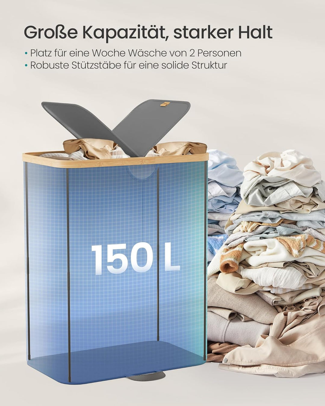 SONGMICS Wäschekorb 2 Fächer, Wäschesammler, 150 Liter, Wäschesortierer mit Deckel, Wäschetonne, Wäs