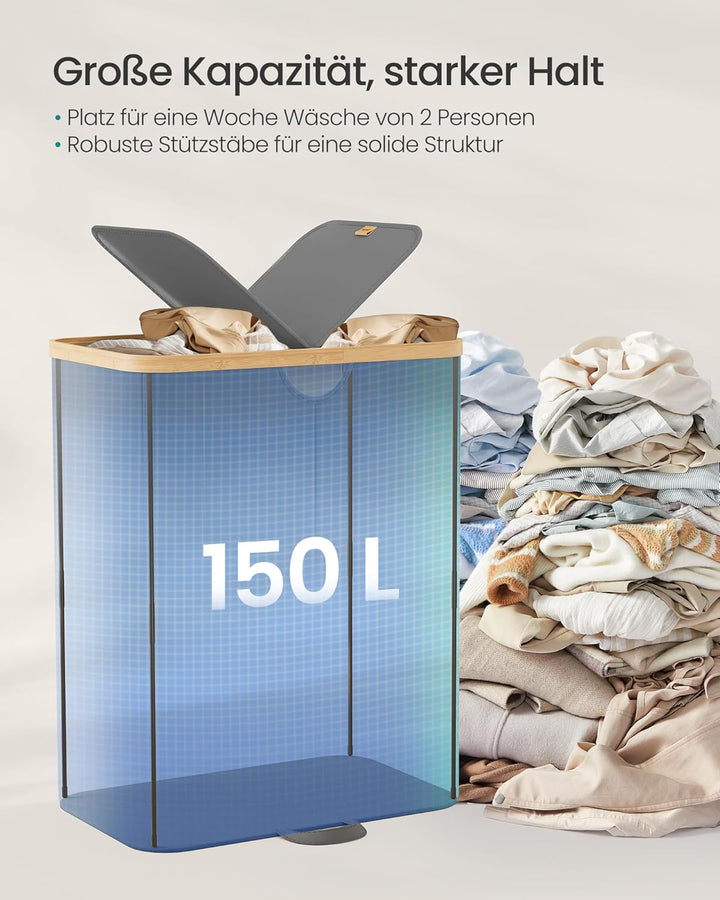 SONGMICS Wäschekorb 2 Fächer, Wäschesammler, 150 Liter, Wäschesortierer mit Deckel, Wäschetonne, Wäs