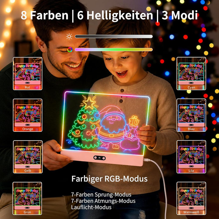 LED Zeichenbrett mit digitaler Akkuanzeige – 35x26cm Acryl Maltafel (Pink) mit 8 Farben & 7 Neon-Sti