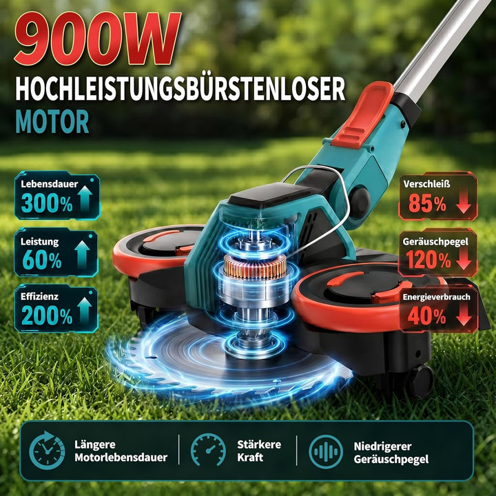 Rasentrimmer mit Akku, 5-IN-1 Rasentrimmer mit Unkrautbürste/Rädern, 21V/2 * 4.0Ah Akku Rasentrimmer