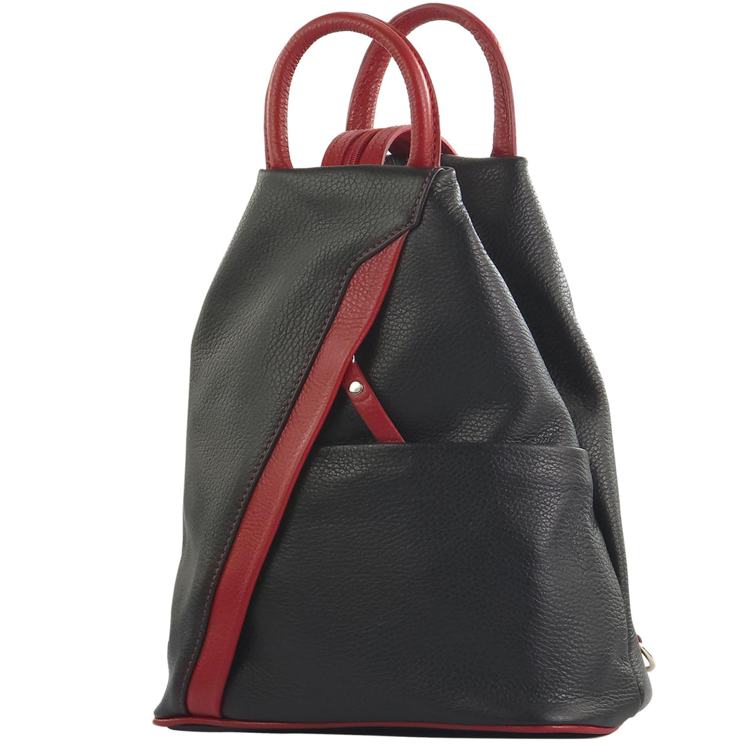 modamoda de T180 Damen Leder Rucksack Handtasche 2-in-1, handmade in Italy Schwarz/Dunkelrot, Schwar