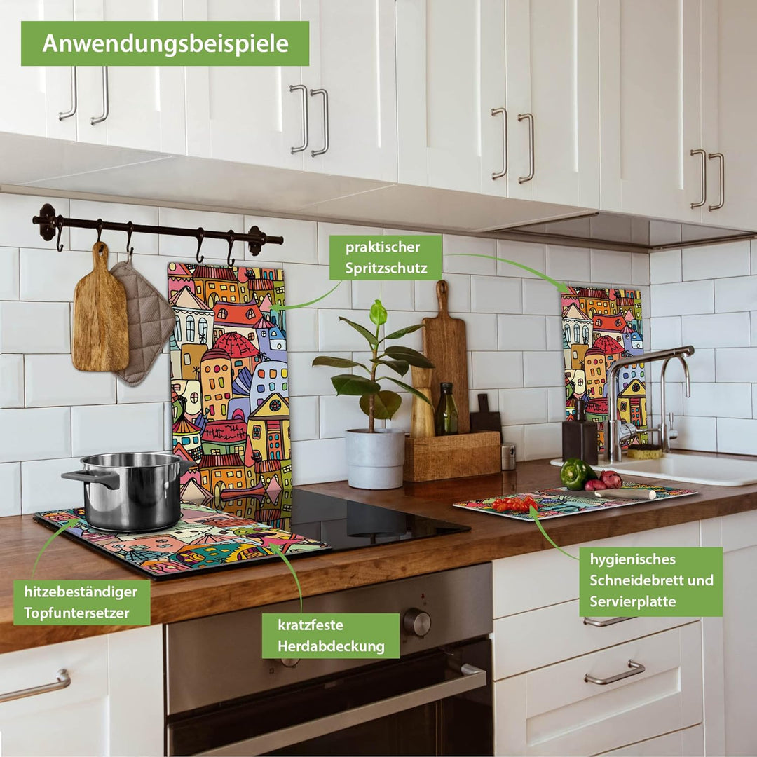 banjado® Herdabdeckplatte Glas 2-teilig je 30x52 cm/Schneidebrett Herdabdeckung mit Motiv Funky Town