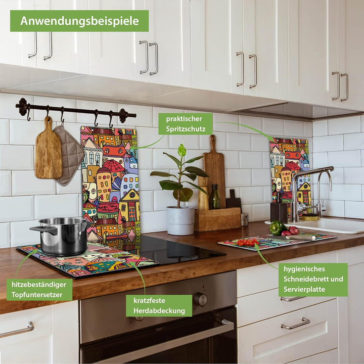 banjado® Herdabdeckplatte Glas 2-teilig je 30x52 cm/Schneidebrett Herdabdeckung mit Motiv Funky Town