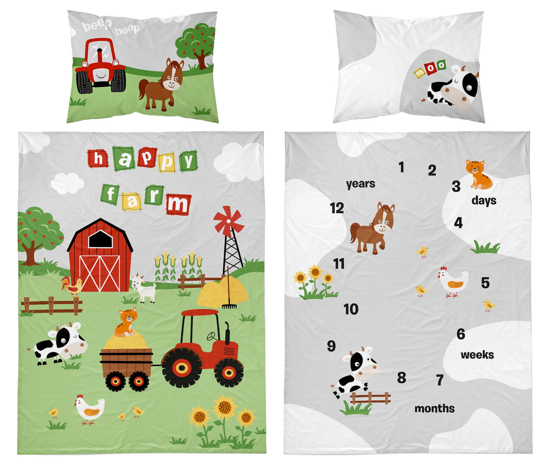 Babybettwäsche Set Bauernhof, 100 x 135 cm Bettbezug, 40 x 60 cm Kissenbezug, 100% Baumwolle, Mehrfa