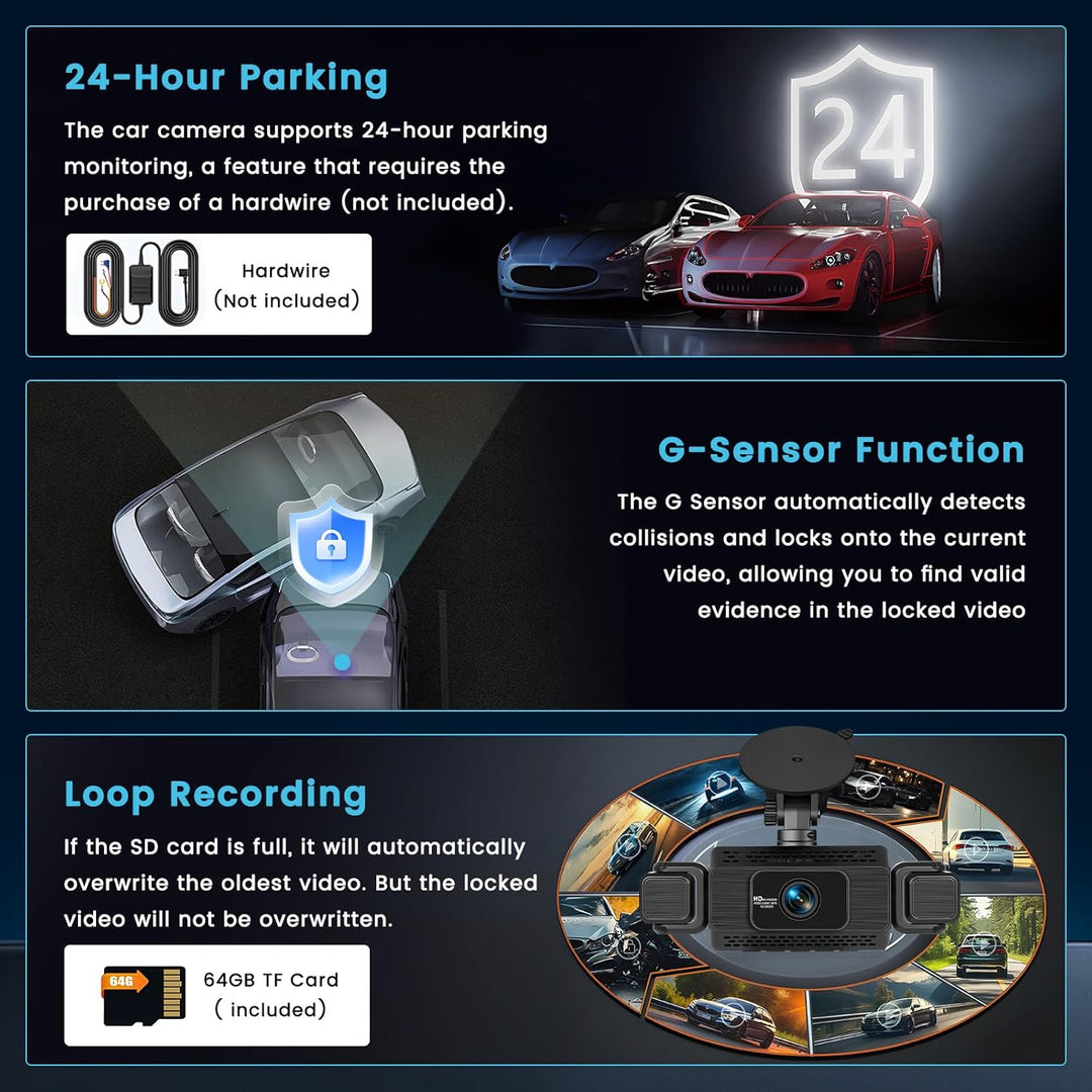 WiFi Dashcam Auto 4 Kanal, 360 Grad Dashcam FHD Vorne Hinten Innen Links und Rechts –Loop-Aufnahme,