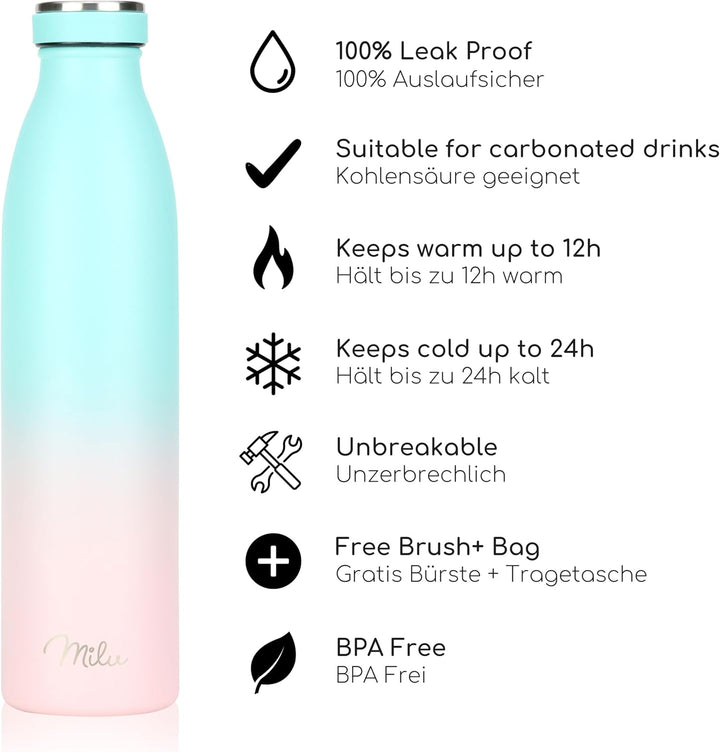 Milu Edelstahl Trinkflasche 350ml, 500ml, 750ml, 1L, 1,5L – Thermosflasche für Kinder Erwachsene aus