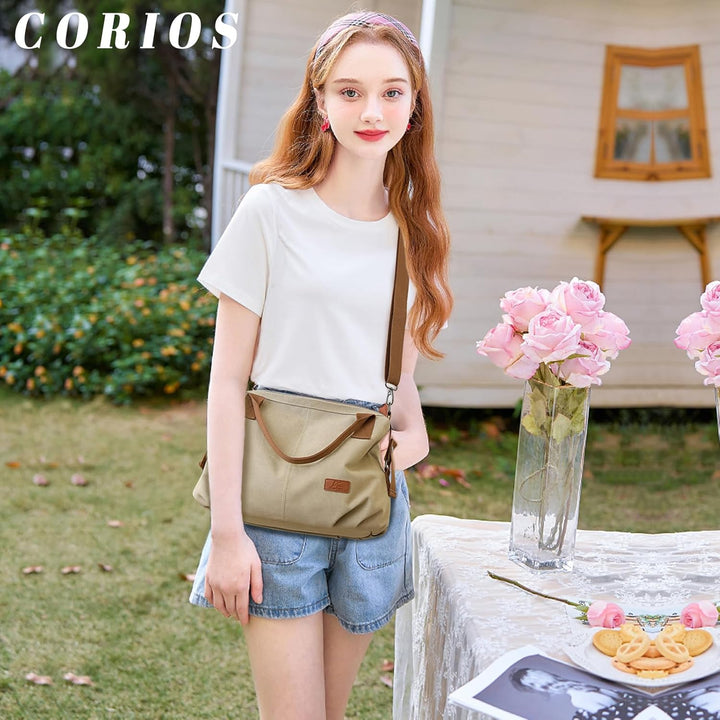 CORIOS Damen Canvas Schultertasche Grosse Kapazität Umhängetasche Casual Handtasche Leichtgewicht To
