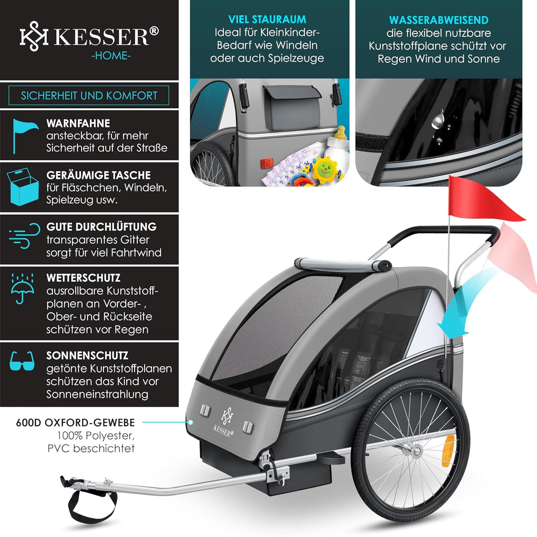 KESSER® Kinderanhänger Fahrradanhänger Sport-RX 2 in 1 Joggerfunktion Kinderfahrradanhänger + 5-Punk