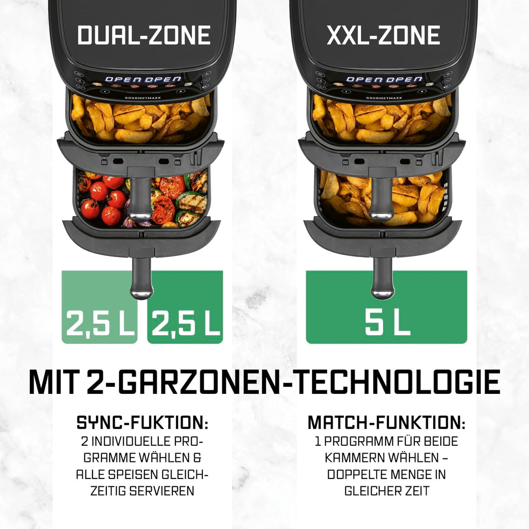 GOURMETmaxx FryUp Vertikale Doppelkammer Heissluftfritteuse XS | Airfryer mit MultiColour-LED-Touchd