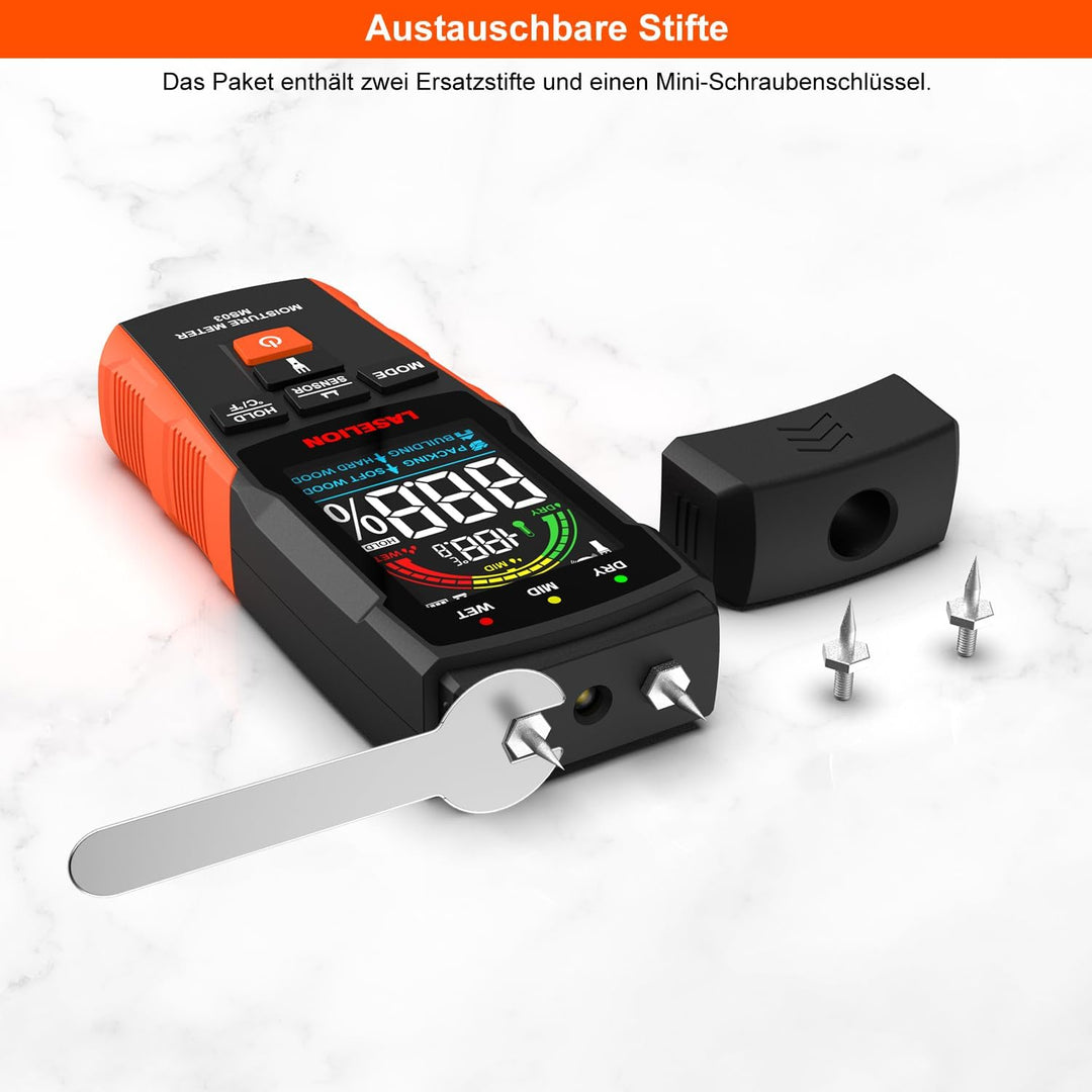 2-in-1 Feuchtigkeitsmessgerät mit Stift- und Stiftlos-Modus – Für Holz, Beton, Trockenbau, Karton u.