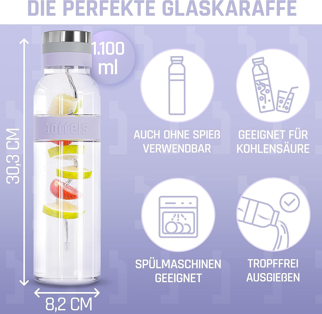 boddels Glaskaraffe mit Deckel und Sieb 1.100ml, Rutschfester Griff, Glaskaraffe mit Fruchteinsatz,