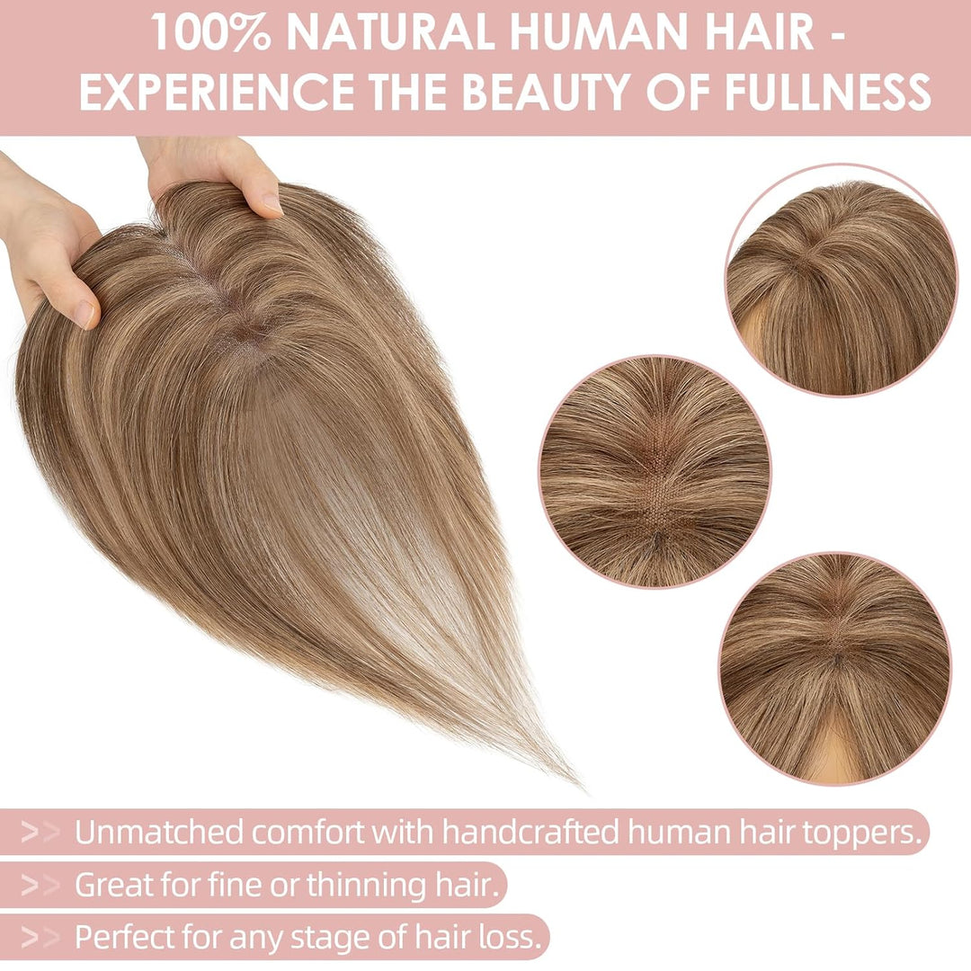 Silk-co Hair Topper Echthaar 21g, 8x11cm handgebunden Basis Toupet Damen, Clip in Haarteile mit Spit
