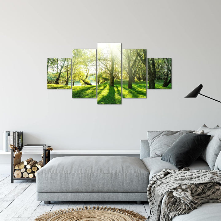 Runa Art Bild Schlafzimmer Wohnzimmer Wald Landschaft 5 Teilig Sonne Grün Wandbilder auf Vlies Leinw