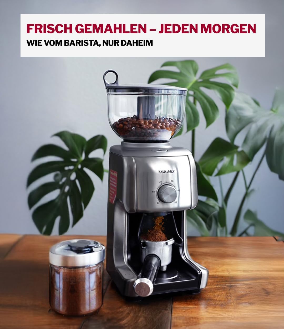 Turmix elektrische Kaffeemühle TX 190 – Kaffeemühle mit Kegelmahlwerk, 16 Stufen, 400 g Bohnenbehält