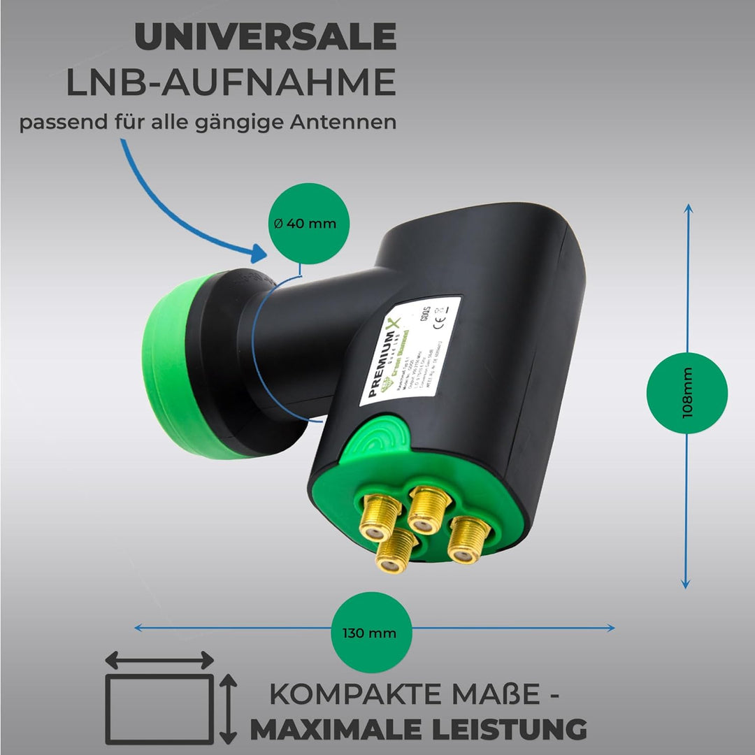Premium X Green Diamond GDQS Quad LNB 0,1dB Quattro Switch FullHD 4K SAT TV bis 4 Teilnehmer, Quad L