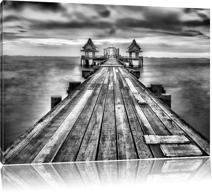 Pixxprint Monocrome, Bootssteg im Sonnenuntergang, Format: 100x70 auf Leinwand, 100x70