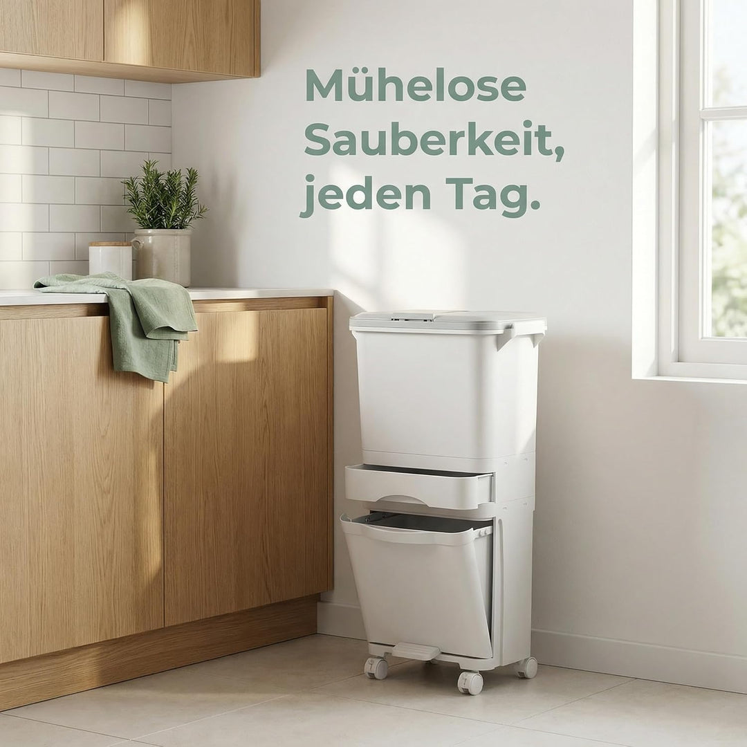 Grossvolumiger 42-Liter-Mülleimer mit 3 Fächern und Druckdeckel – Treteimer mit Fusspedal und Lenkro