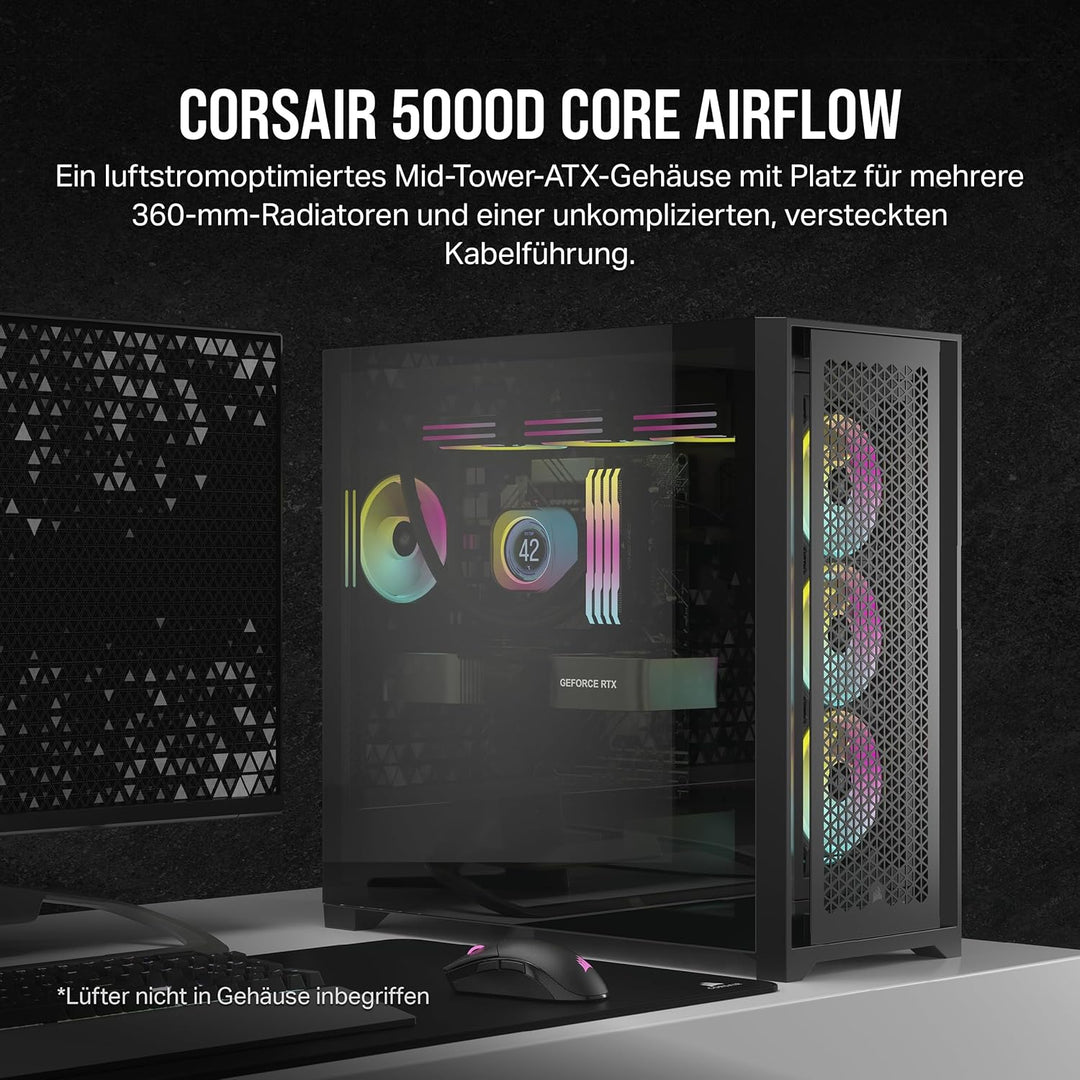 CORSAIR 5000D CORE AIRFLOW Mid Tower ATX PC-Gehäuse - Ohne Lüfter - Gehärtetes Glas-Seitenteil - Des