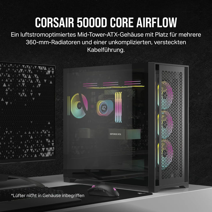 CORSAIR 5000D CORE AIRFLOW Mid Tower ATX PC-Gehäuse - Ohne Lüfter - Gehärtetes Glas-Seitenteil - Des