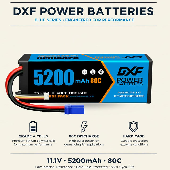 DXF 3S LiPo Akku 11.1V 80C 5200mAh Hardcase Batterie mit EC5 Steck für RC Auto, RC Flugzeug, RC Hubs