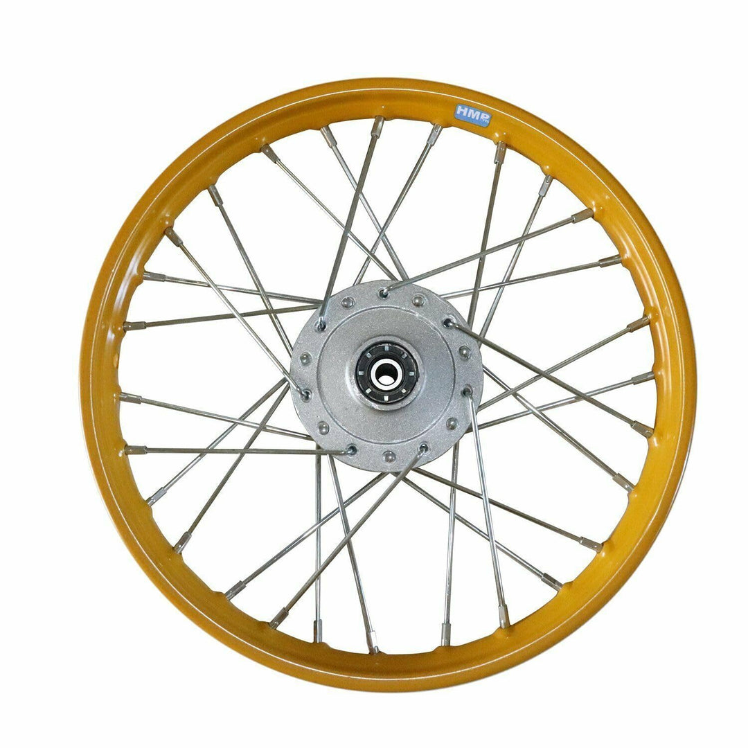 HMParts Stahl Felge 14 Zoll vorne Gelb Geeignet für fast alle Modelle mit 12 mm Achse Dirt Bike, Pit