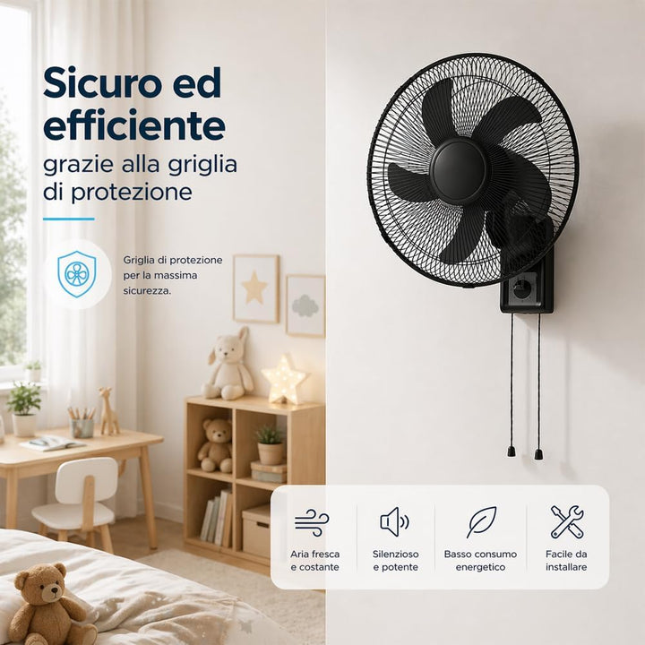 BAKAJI Wandventilator mit Gitter von 43 cm, 3 wählbare Geschwindigkeitsstufen, 5 Flügel, 65 Watt Lei