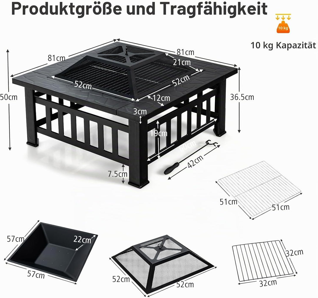 KOMFOTTEU Feuerschale Feuerkorb, Feuerstelle mit Grillrost & Decekl, Flammschale 81 x 81cm Outdoor,