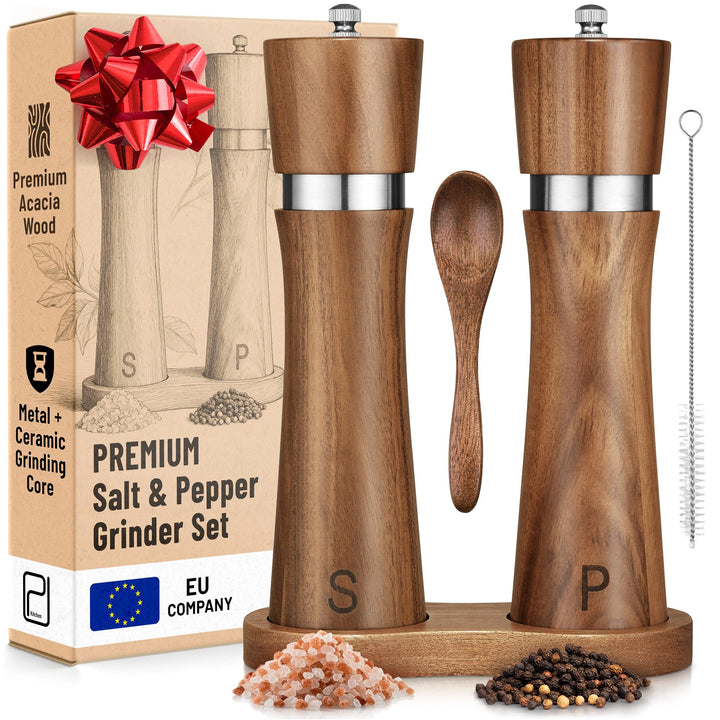 Salz- und Pfeffermühlen Set aus Akazienholz mit Tablett - 60 g pro Stück - Hohe Nachfüllbare Manuell