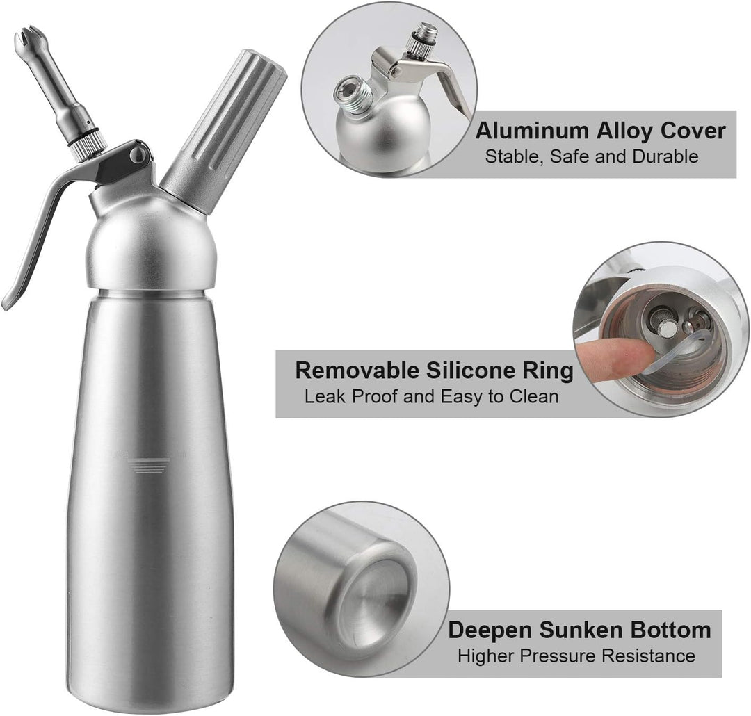 Yakimz Sahnespender Aluminium/Edelstahl Sahnesyphon, 0,5 L Mit 3 Edelstahl Deko-Düsen und Reinigungb