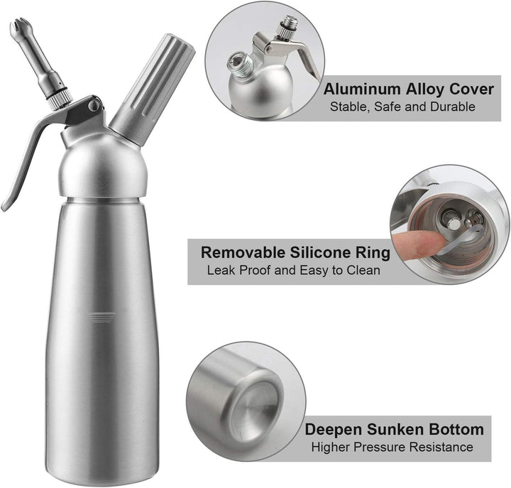 Yakimz Sahnespender Aluminium/Edelstahl Sahnesyphon, 0,5 L Mit 3 Edelstahl Deko-Düsen und Reinigungb