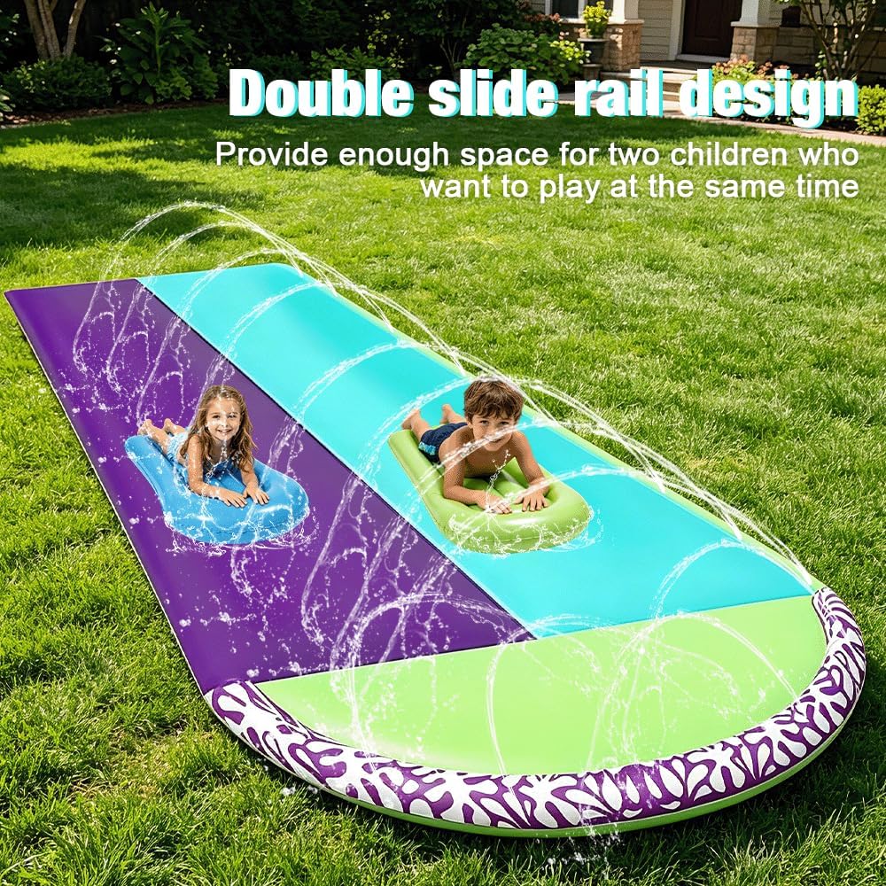 610cm Wasserrutsche Garten für Kinder, Wasserrutschmatte mit 2 Bodyboards, Doppelrutsche mit Eingeba