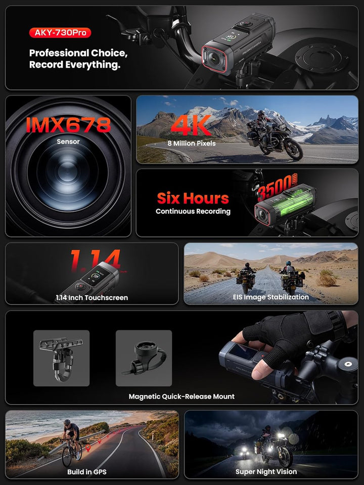 AKEEYO AKY-730Pro 4K Motorrad/Fahrrad Dashcam,60FPS Action-Kamera mit EIS-Stabilisierung,1,14" Touch